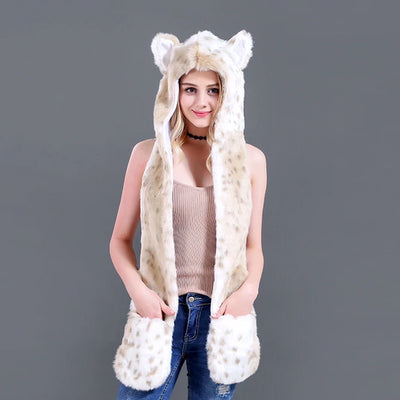 Faux Fur Animal Hat 3-in-1 – Wolf Hood with Scarf & Gloves