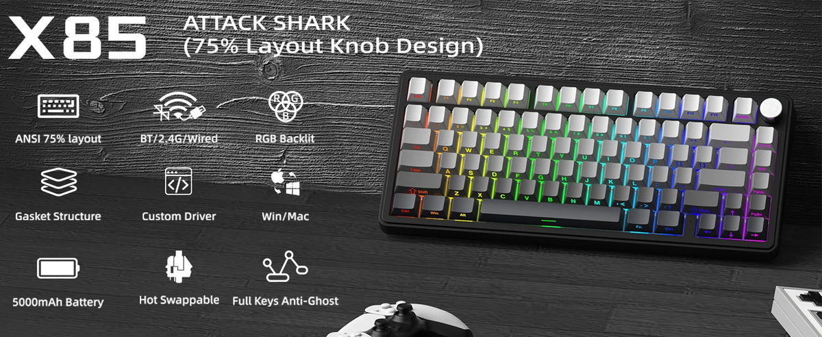 ATTACK SHARK X85 Wireless Mechanical Gaming Keyboard – TKL 82 Keys, Gasket Structure, RGB Hot-Swappable, Knob, Customizable