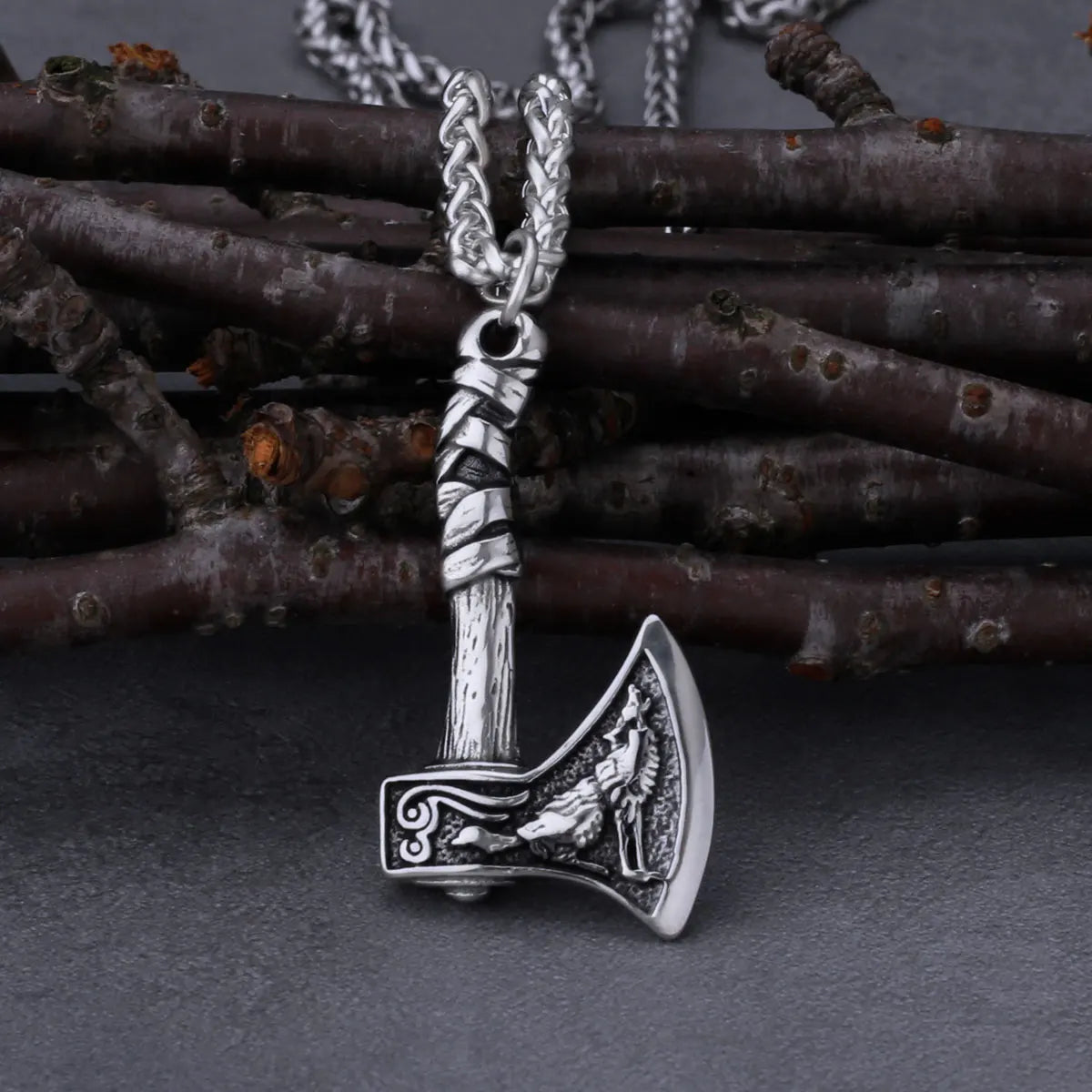 Viking Wolf & Crow Axe Pendant