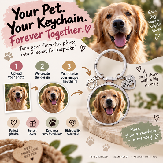 Personalised Pet Photo Keyring – Custom Dog or Cat Picture Keychain – Pet Lover Gift