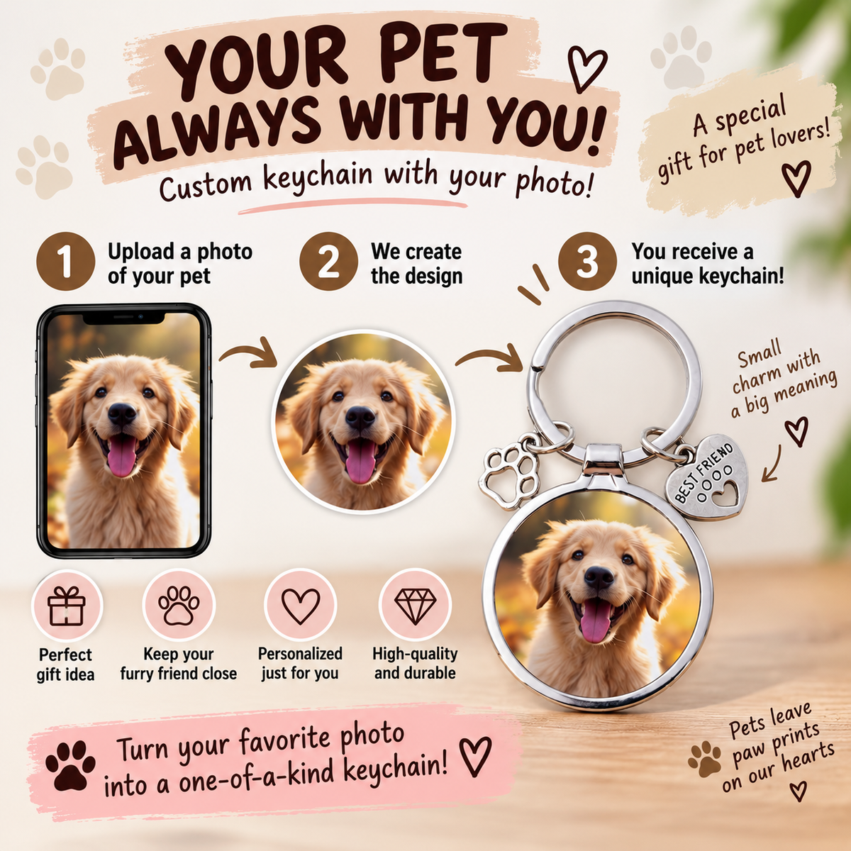 Personalised Pet Photo Keyring – Custom Dog or Cat Picture Keychain – Pet Lover Gift
