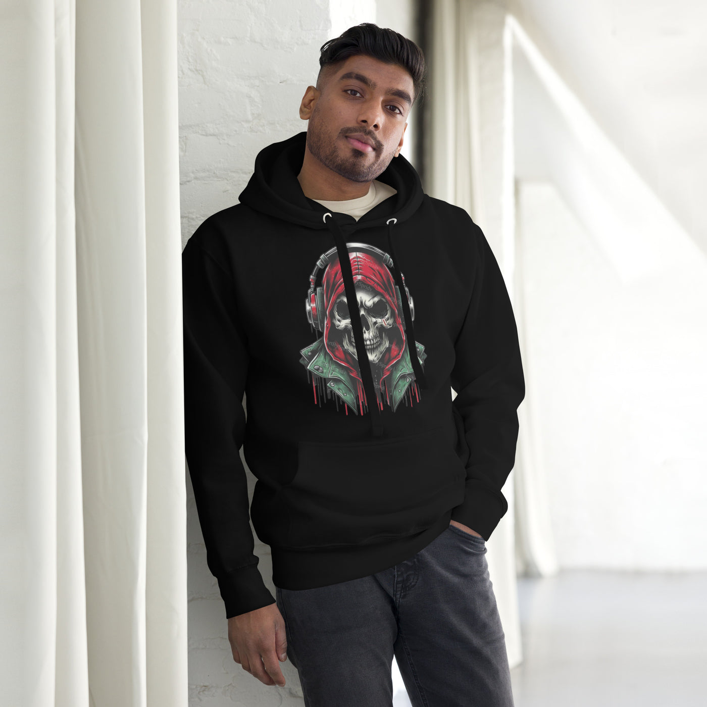 Skull in Hoodie with Headphones, Mens Hoodie